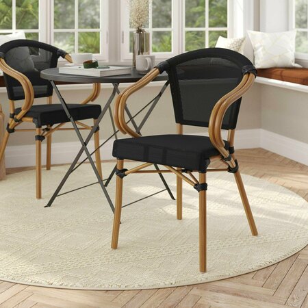FLASH FURNITURE Marseille French Bistro Stacking Chair w/Arms, Black Textilene and Bamboo Print Alum Frame, Natural SDA-ADS642108-BK-NAT-GG